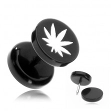 Fake Ohr-Plug aus Acryl - weißer Marihuanablatt, schwarze Scheiben