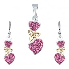 Silberset 925 aus Ohrringen und Anhänger, rosa Herzen, Keltenknoten