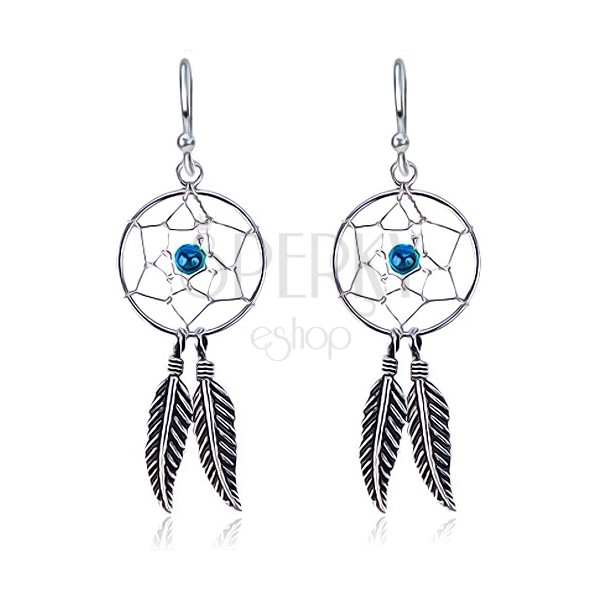 Silberne Ohrringe 925 mit einem Netz, blaues Kügelchen, Federn