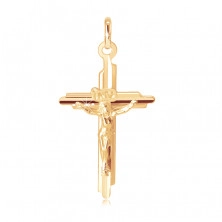 Goldener Anhänger - Kreuz mit ausgehöhlten Spitzen, Jesus, plastisch 