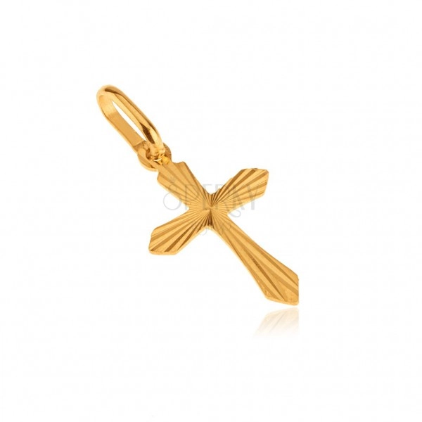 Goldener 14K Anhänger - flaches lateinisches Kreuz, glänzende Riefelung