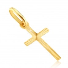 Glänzender Anhänger aus Gold 14K - kleines flaches lateinisches Kreuz, strahlenförmige Rillen