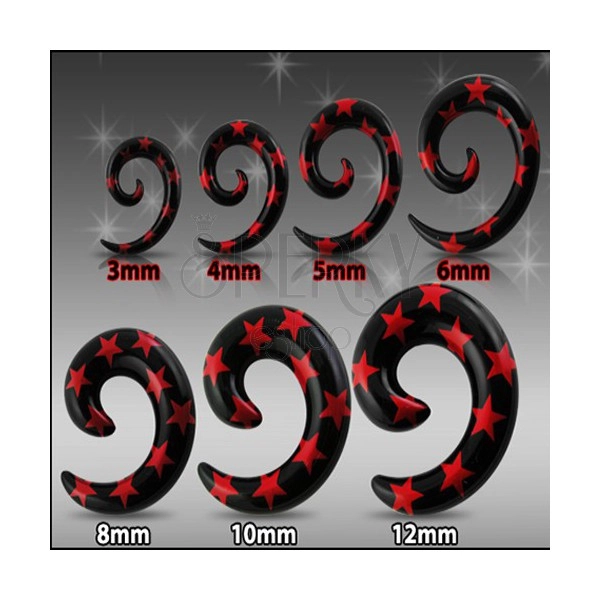 Schwarzer Ohrexpander - Spirale mit roten Sternen