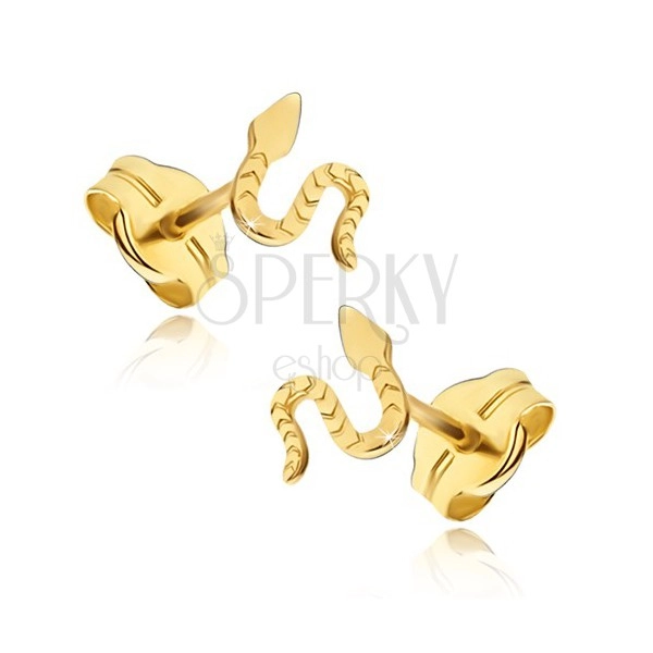 Ohrringe aus gelbem 14K Gold - glänzende Schlange, Riefen