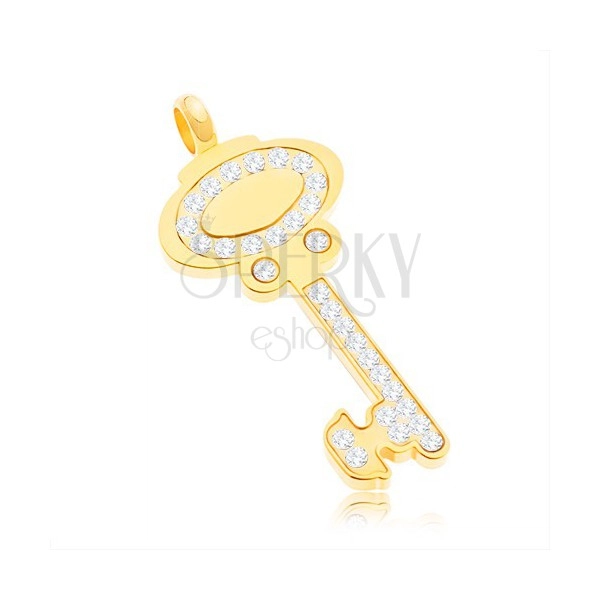 Chirurgenstahlanhänger - goldfarbener Schlüssel mit klaren Zirkonia