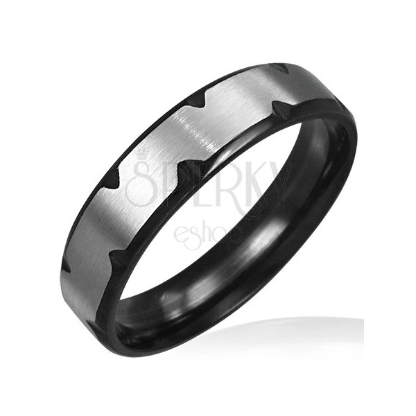 Silber-schwarzer Ring aus Edelstahl mit Einschnitten