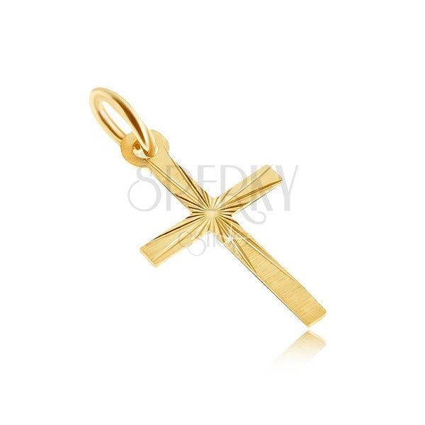 Goldanhänger - flaches lateinisches Kreuz, Satinoberfläche, strahlendförmige Rillen