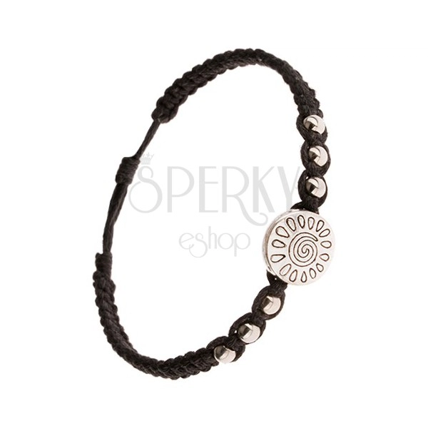 Schwarzes geflochtenes Armband, Plättchen mit Spirale und Tränen, glänzende Perlen
