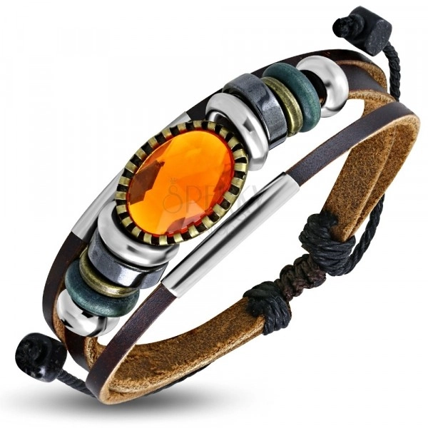 Multi Armband - braune Lederstreifen, mehrfarbige Korallen, orange Zierde