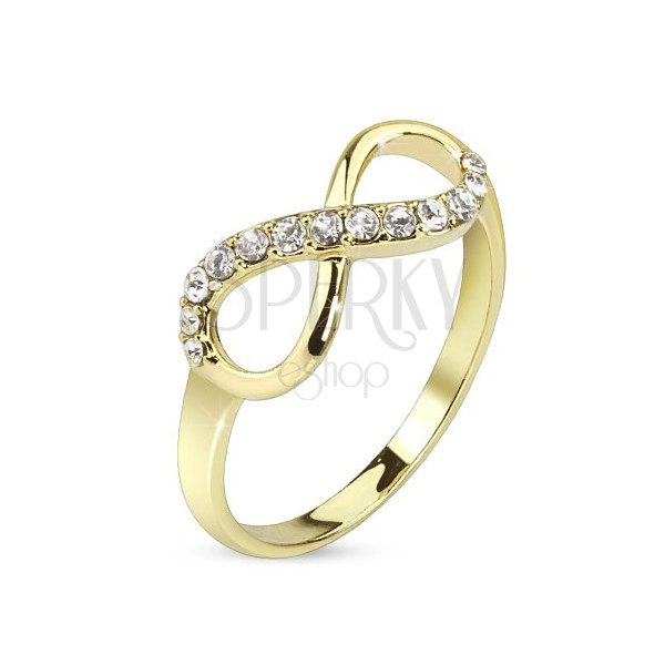 Ring in gold Farbe, Symbol der Unendlichkeit geschmückt mit klaren Zirkonia