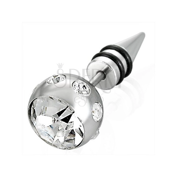 Falsches Piercing in silberner Farbe - große Kugel mit Zirkon, Spitze mit zwei schwarzen Gummiringen