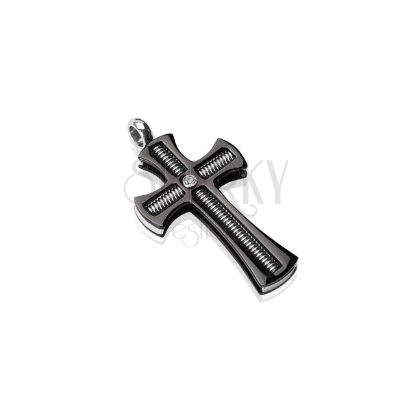Chirurgenstahlanhänger - schwarzes Kreuz mit klarem Zirkonia und Stab