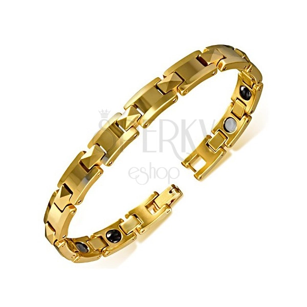 Tungsten Armband in Goldfarbe - glänzende "H" Glieder, Pyramiden, Magnetkugeln