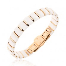 Weißes Armband aus rechteckigen Keramigliedern, Streifen in Goldfarbe