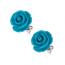 Ohrstecker aus Chirurgenstahl, blaue aufgeblühte Rose, 14 mm