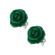 Ohrringe aus Stahl, grüne Farbe, Rosenblume, Ohrstecker, 14 mm