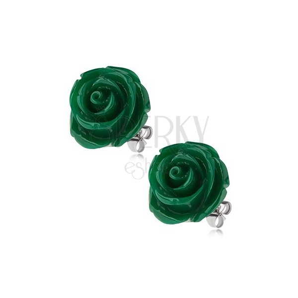 Ohrringe aus Stahl, grüne Farbe, Rosenblume, Ohrstecker, 14 mm