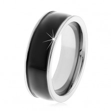 Schwarzer glatter Ring aus Tungsten, leicht gewölbt, glänzend, Silberrand