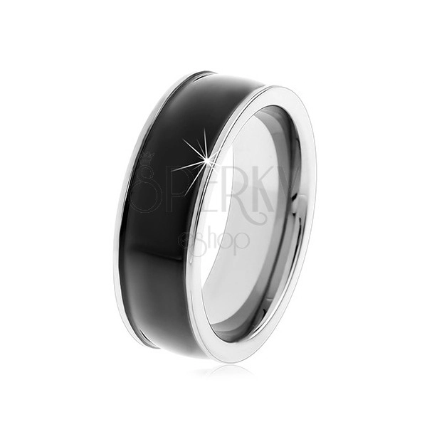 Schwarzer glatter Ring aus Tungsten, leicht gewölbt, glänzend, Silberrand