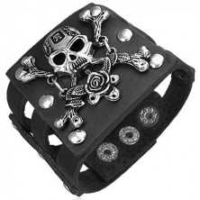 Schwarzes Lederarmband - Piratenschädel mit gekreuzten Knochen und Rose