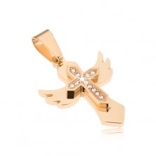 Edelstahlanhänger - goldene Farbe, Kreuz mit Flügeln, kleineres Kreuz mit Zirkonen
