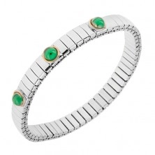Dehnbares Armband aus Stahl, silberfarben, smaragdgrüne Kugeln