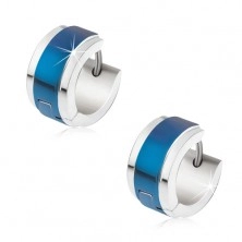 Silberfarbene Stahlohrringe, blauer glänzender Streifen