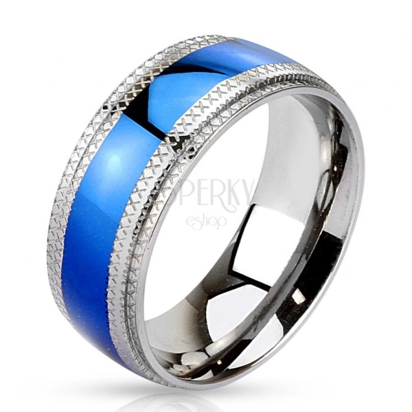 Stahl Ring - blauer Streifen in der Mitte, gekerbte Kanten