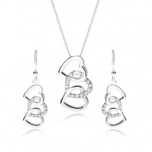 Silberset 925, Ohrringe und Halskette - drei verschlungene Herzen, klare Zirkone