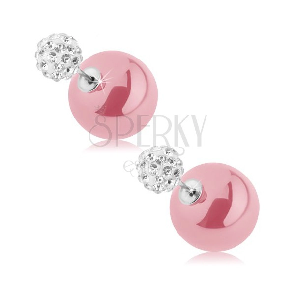 Ohrringe - beiderseitig, Ohrstecker, rosa und weiße Kugel, klare Zirkone