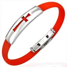 Flaches Armband aus Gummi - rot mit Kreuz