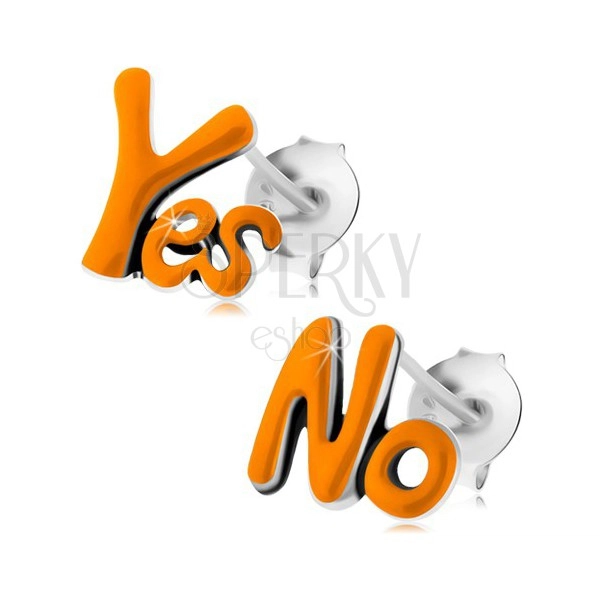 Ohrstecker aus 925 Silber, Wörter Yes und No, orangenfarbene Emaille