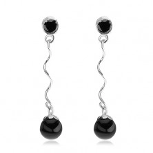 Hängende 925 Silberohrringe, runder schwarzer Zirkon, Spirale, schwarze Perle