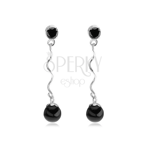 Hängende 925 Silberohrringe, runder schwarzer Zirkon, Spirale, schwarze Perle