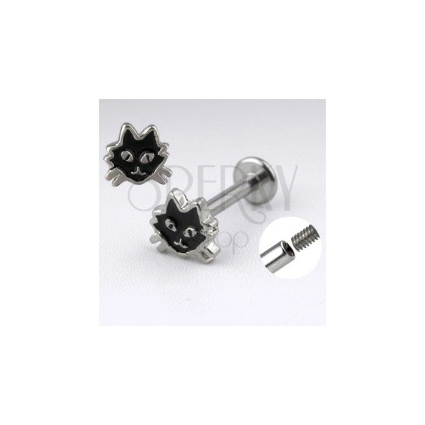 Stahl Labret in silberner Farbe - Katze mit Glasur in schwarzer Farbe