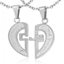 Silberfarbener Doppelanhänger aus Stahl, geteiltes Herz, Aufschrift, Kreuz, Zirkone