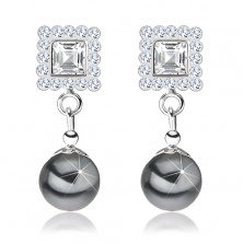 Ohrringe aus 925 Silber, Quadrat mit grauen Kristallen, graue Perle