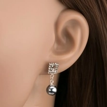 Ohrringe aus 925 Silber, Quadrat mit grauen Kristallen, graue Perle