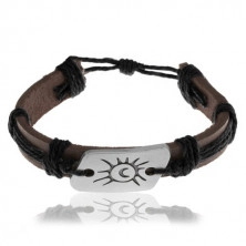 Armband aus dunkelbraunem Kunstleder und Kordeln, Stahlsiegel, Sonne, Mond