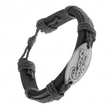 Armband aus schwarzem Kunstleder und Bändchen, glänzendes Oval mit Eidechse