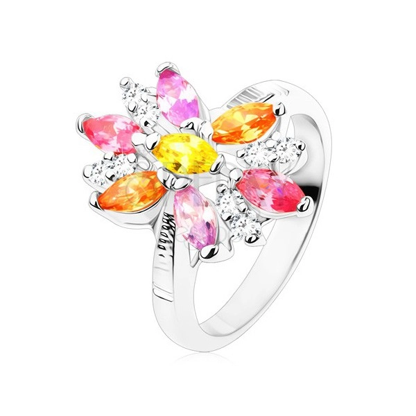 Ring in silberner Farbe, große Zirkoniablume mit farbigen und klaren Blütenblättern