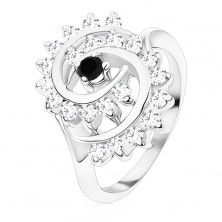 Silberfarbener Ring, große Spirale aus klaren Zirkonia mit schwarzer Mitte