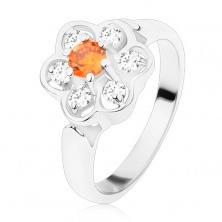 Silberfarbener Ring, glänzende klare Zirkoniablume mit orange Mitte