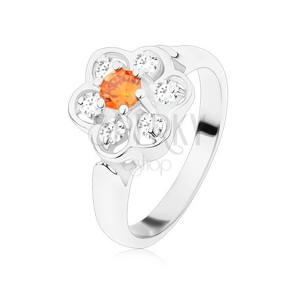 Silberfarbener Ring, glänzende klare Zirkoniablume mit orange Mitte