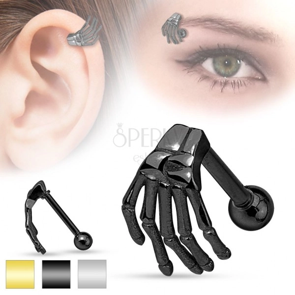 Edelstahlpiercing für Ohr oder Augenbraue, Hand des Skeletts, verschieden Farben