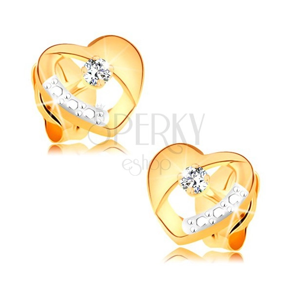 Ohrstecker aus 14K gold - symmetrisches zweifarbiges Herz mit Diamant