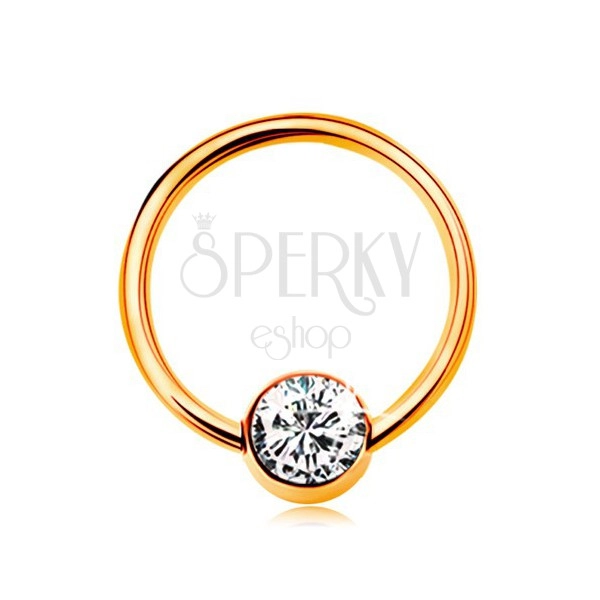 Piercing in 9K Gelbgold - glänzender Ring mit Kugel und klarer Zirkonia, 10 mm