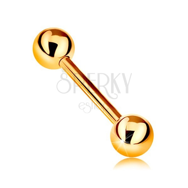 14K Gelbgoldpiercing - glänzendes Barbell mit zwei glanzvollen Kugeln, 12 mm