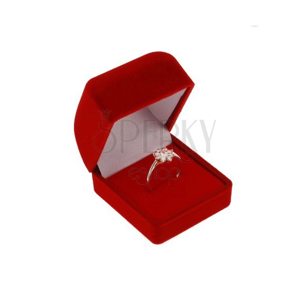 Schmuckschachtel für Ring oder Ohrringe, rote Samtoberfläche, abgeschrägter Deckel