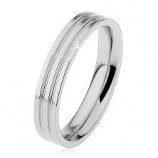 Glänzender Ring aus 316L Stahl in silberner Farbe, zwei längliche Rillen, 4 mm
